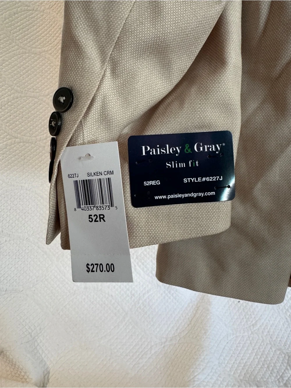 Paisley & Gray Slim Fit Sport Coat 52R Cream Beige Blazer Floral Lining NWT